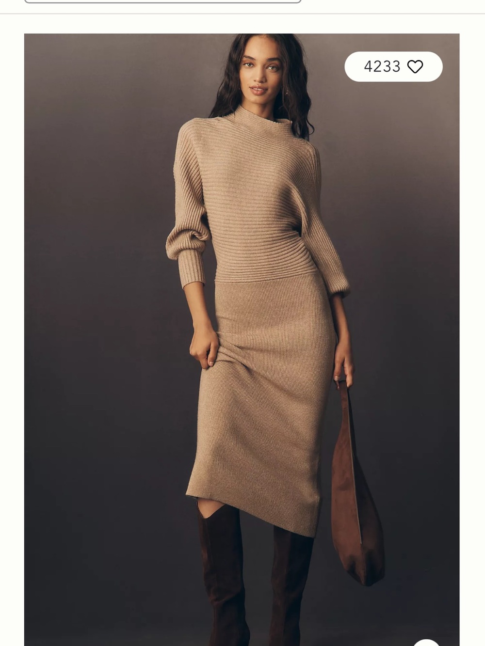 Anthropologie Camel Ribbed Mock-Neck Midi Dress